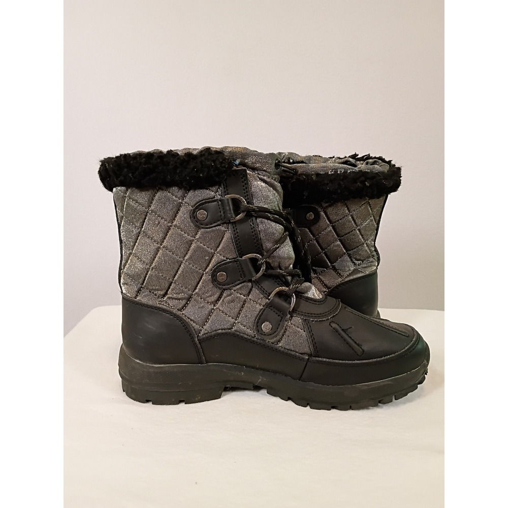 Wintercore Bearpaw Women 7 Black Silver Waterproof Quilted Faux Fur Snow Boots